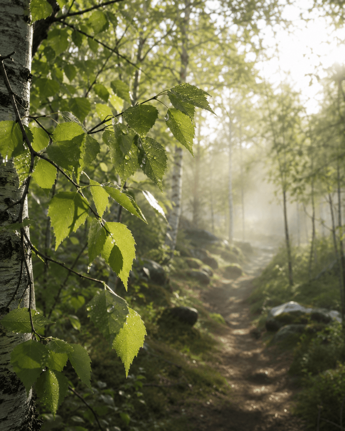 Björklöv och skogsväg i Sverige morgondimma grönska — naturlig hudvård Elixiria