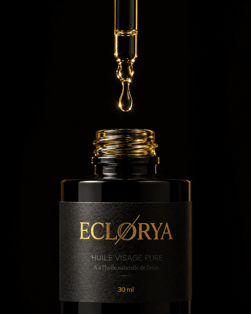 Eclorya flacons huiles visage collection cadre noir editorial luxe beauté botanique