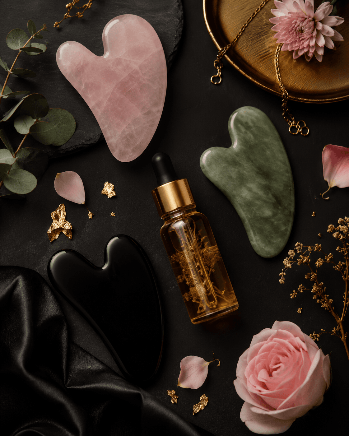 Collection de pierres gua sha jade quartz rose obsidienne