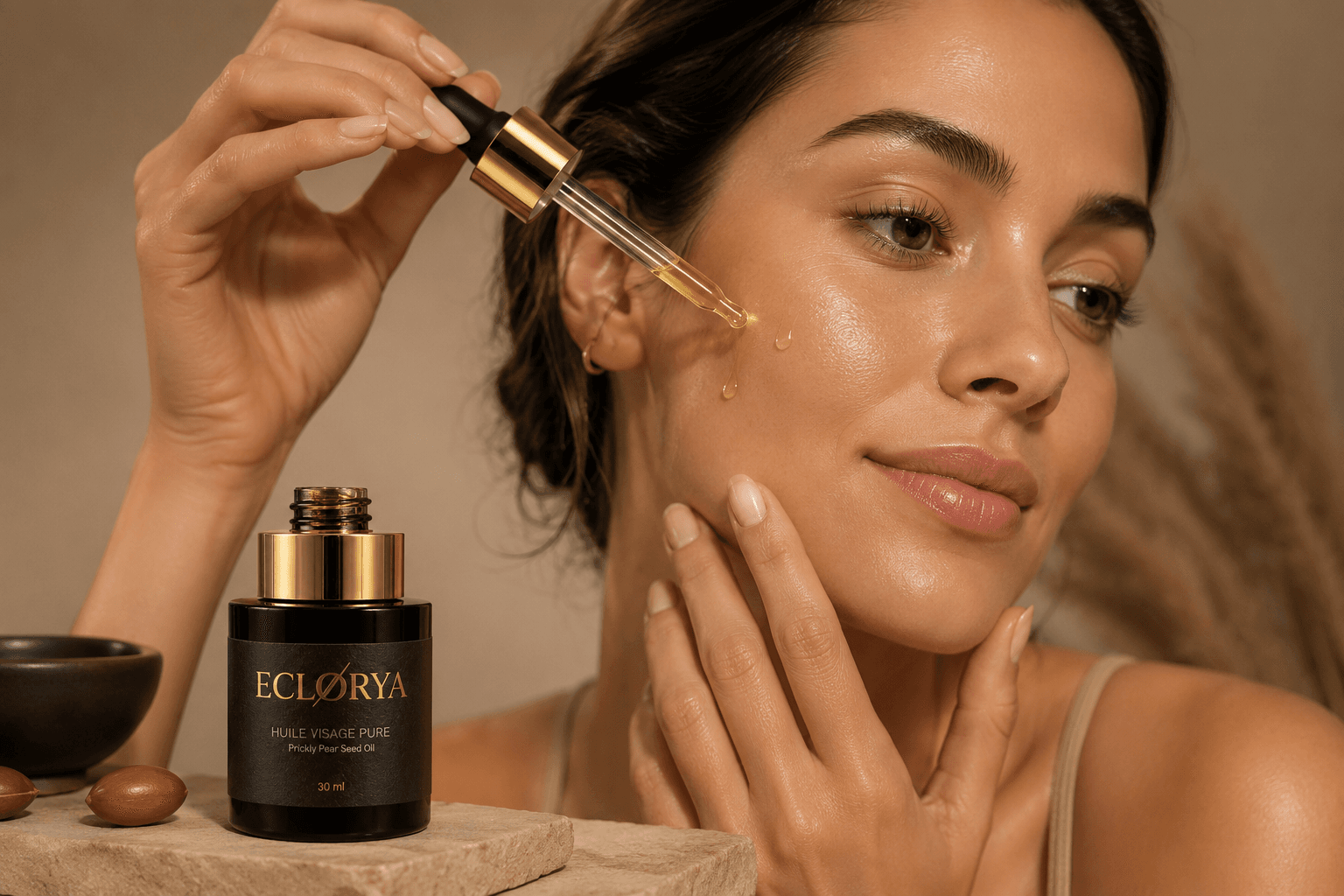 Application de l'huile d'argan sur le visage — soin naturel Elixiria