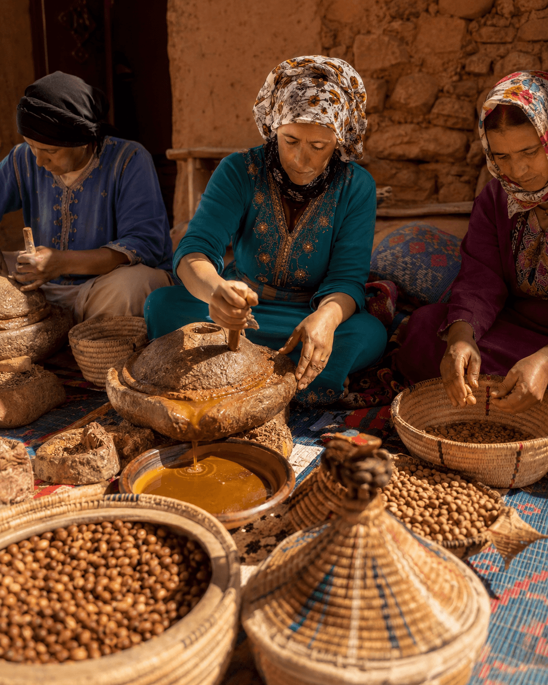 استخراج زيت الأرغان التقليدي المغرب النساء البربريات الضوء الذهبي — Elixiria