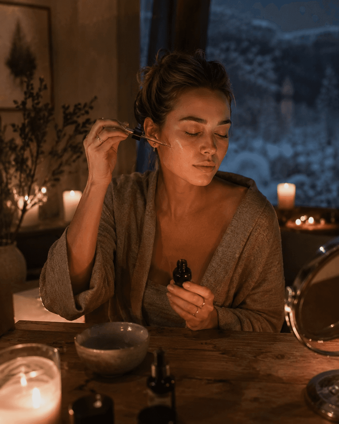 Kvinde der påfører ansigtssolje ved levende lys hygge vinteraften — langsom skønhed nordisk Elixiria