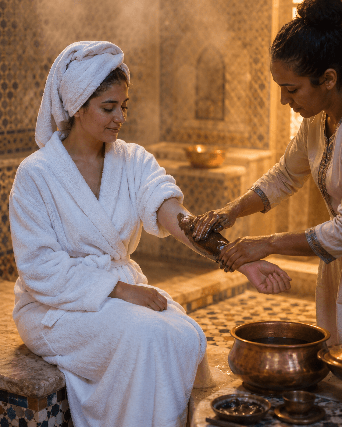 Femme recevant un soin hammam gommage rituel Maroc peau lumineuse — Elixiria
