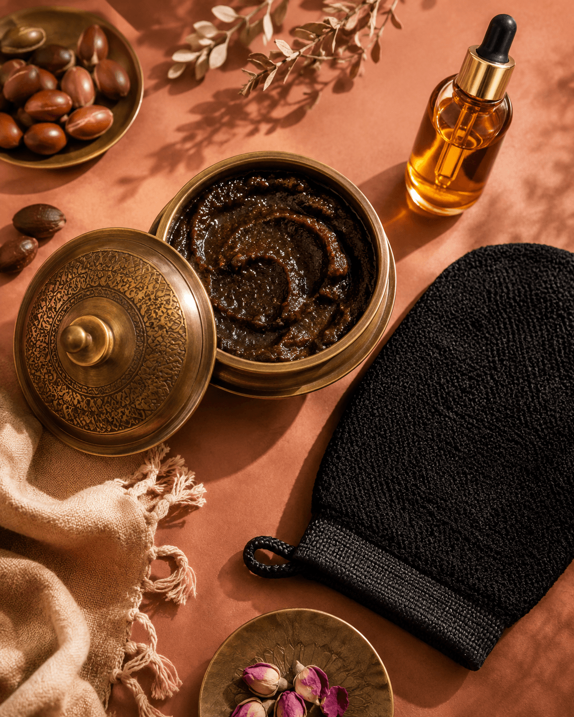Savon beldi marocain et kessa flat lay fond terre cuite huile d'argan — soin traditionnel Elixiria