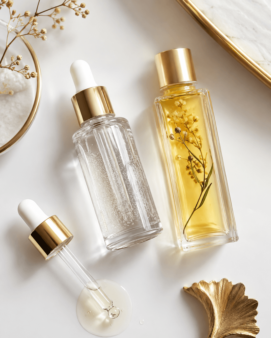 Flat lay soins visage sérum pipette et huile botanique fond blanc accents or — Elixiria