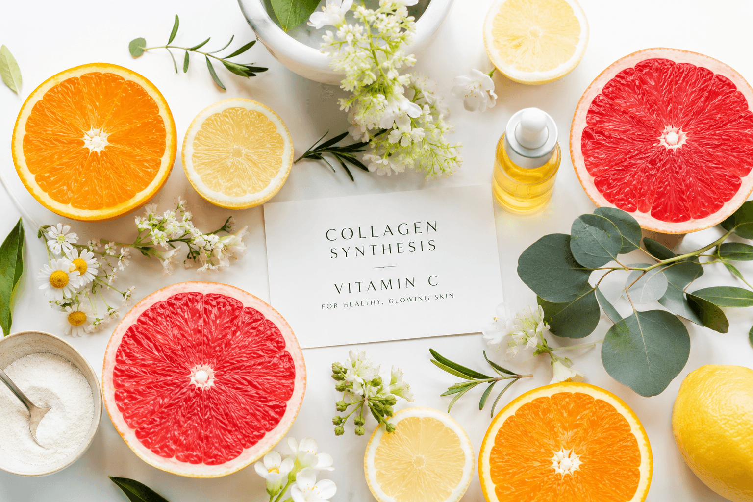 Synthèse du collagène stimulée par la vitamine C — schéma peau jeune Elixiria