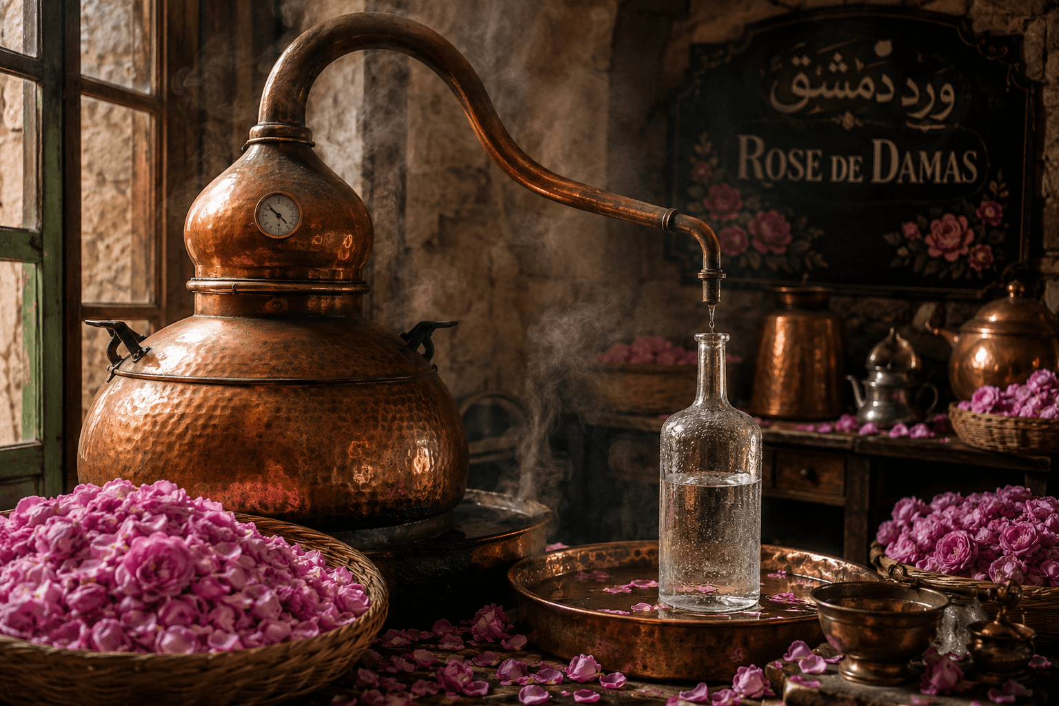 Eau de rose de Damas distillation traditionnelle patrimoine arabe beauté Elixiria