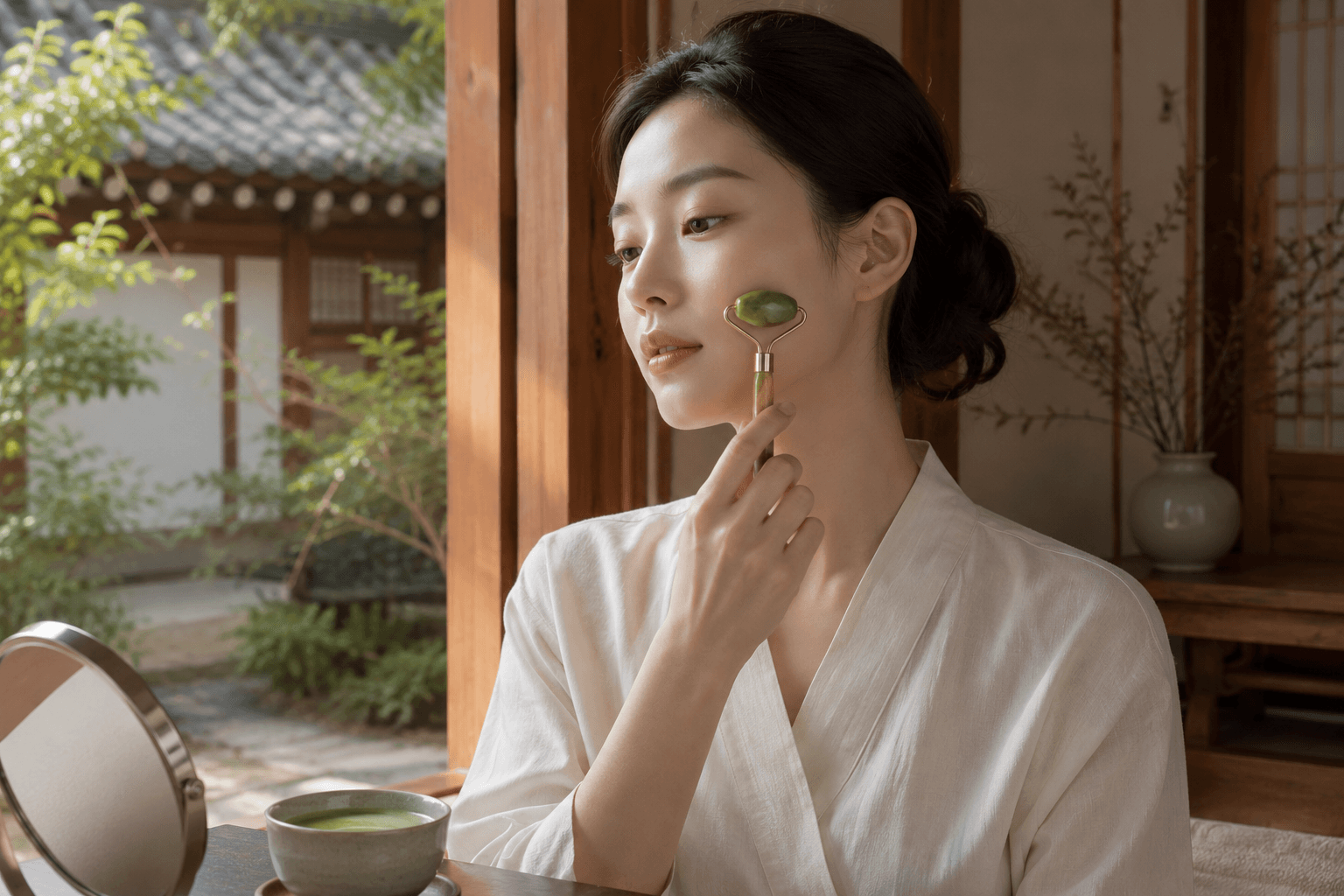 Femme coréenne rituel de beauté traditionnel rouleau de jade thé matcha ancestral Elixiria