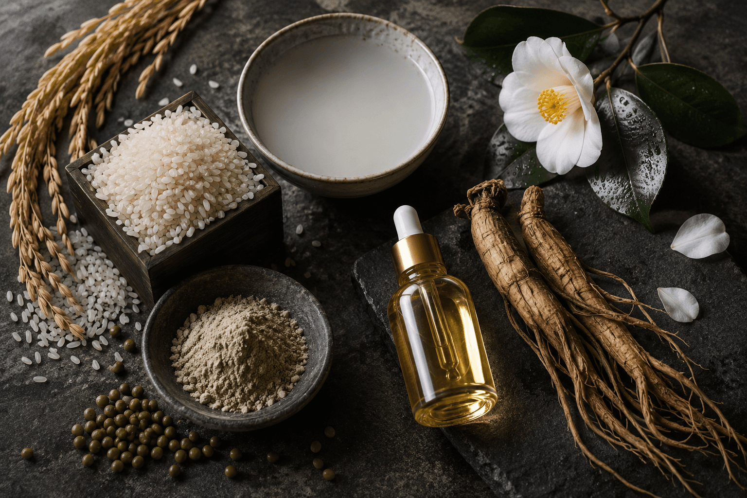 Ingrédients traditionnels de beauté coréenne eau de riz ginseng huile de camélia jade Elixiria