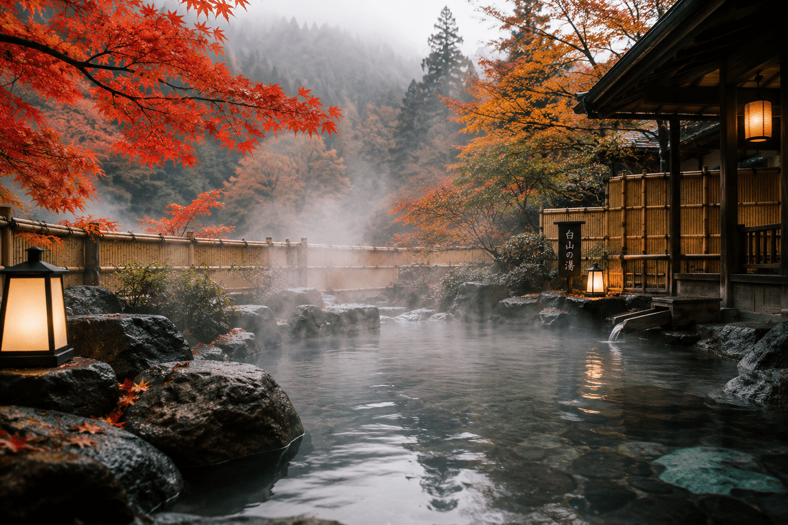 Onsen japonais source thermale brume d'automne bambou eau minérale tradition Elixiria