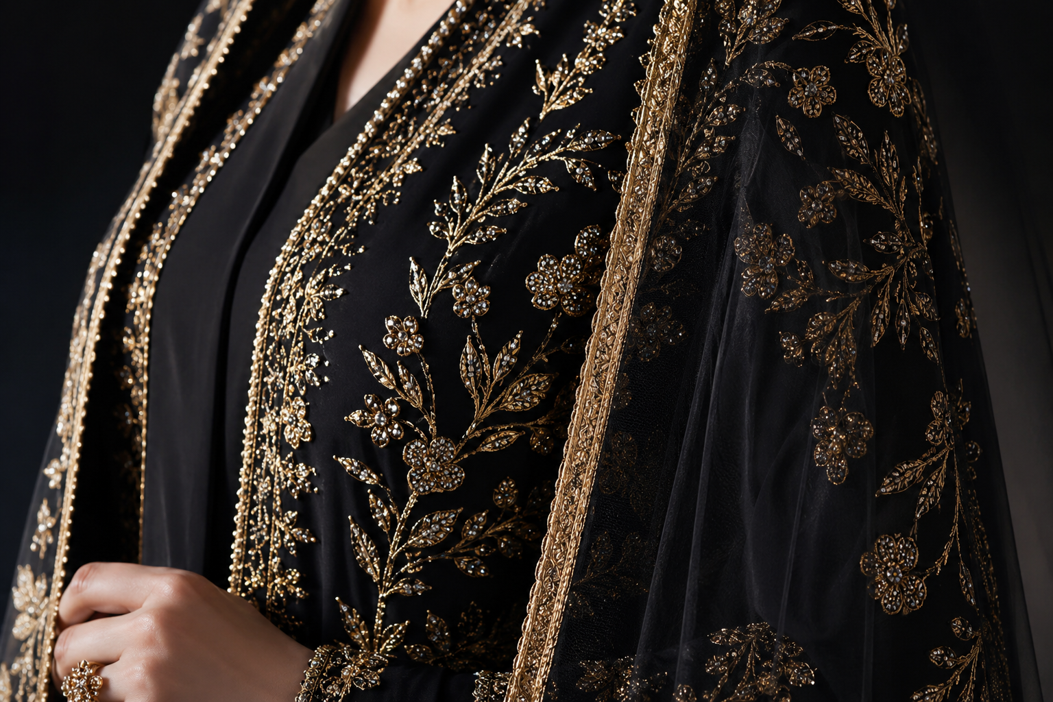 Abaya de mariage émiratie brodée or luxe patrimoine Dubaï Émirats Elixiria