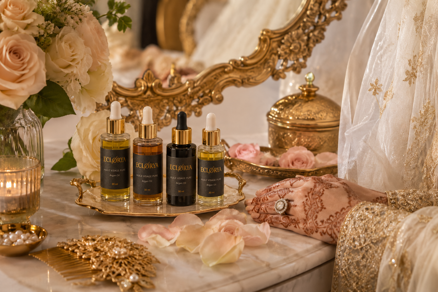 Routine beauté mariée du Golfe huiles Eclorya avant le mariage Dubaï Émirats Elixiria